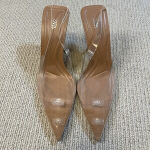 ZARA Women's 8/ 39 Slingback Vinyl Heels Nude Clear *missing Embellishments